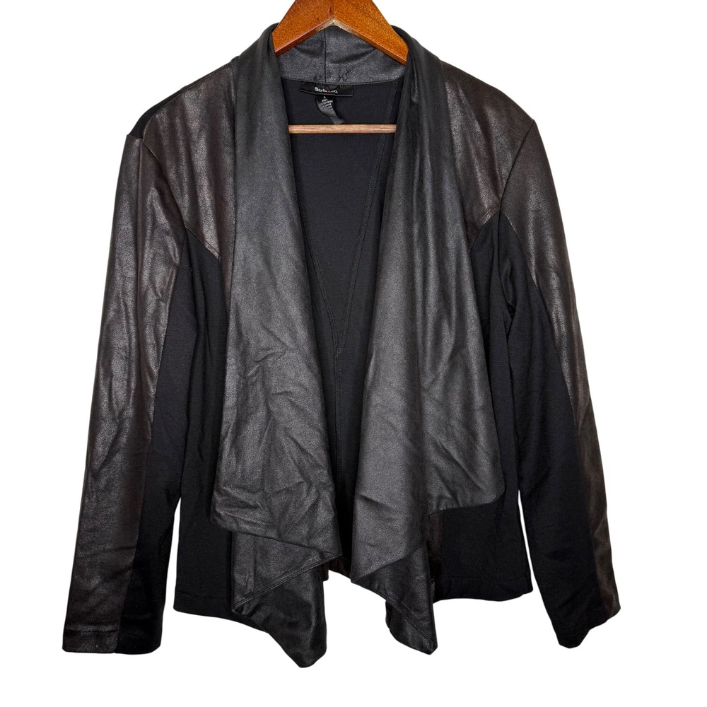 Style & Co Drape Front Faux Leather Jacket‎ Open Cardigan Black Size L